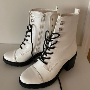 JustFab women’s white heeled lace up boots